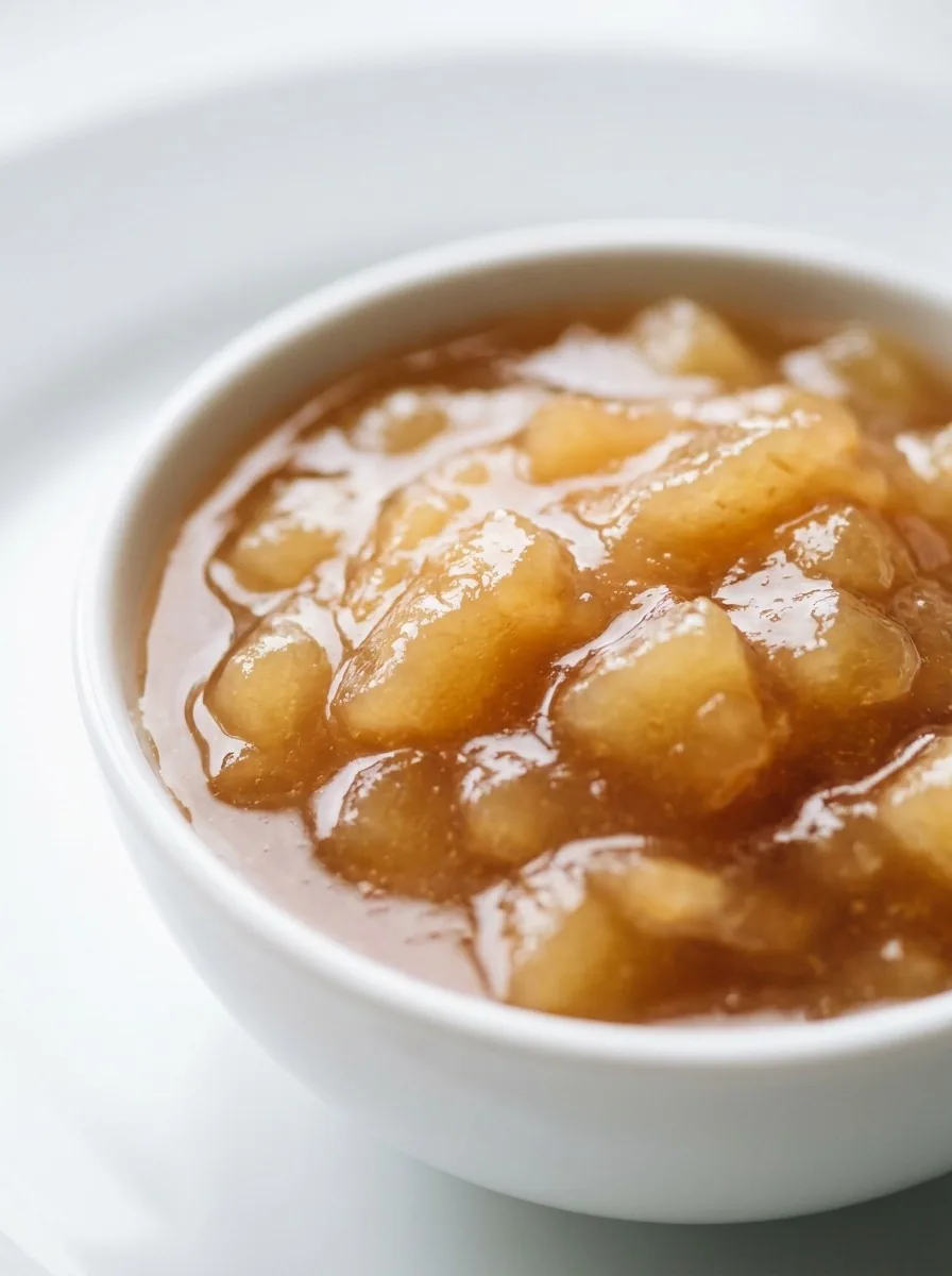A rustic wooden table with a steaming bowl of homemade apple sauce surrounded by sliced apples and a wooden spoon.