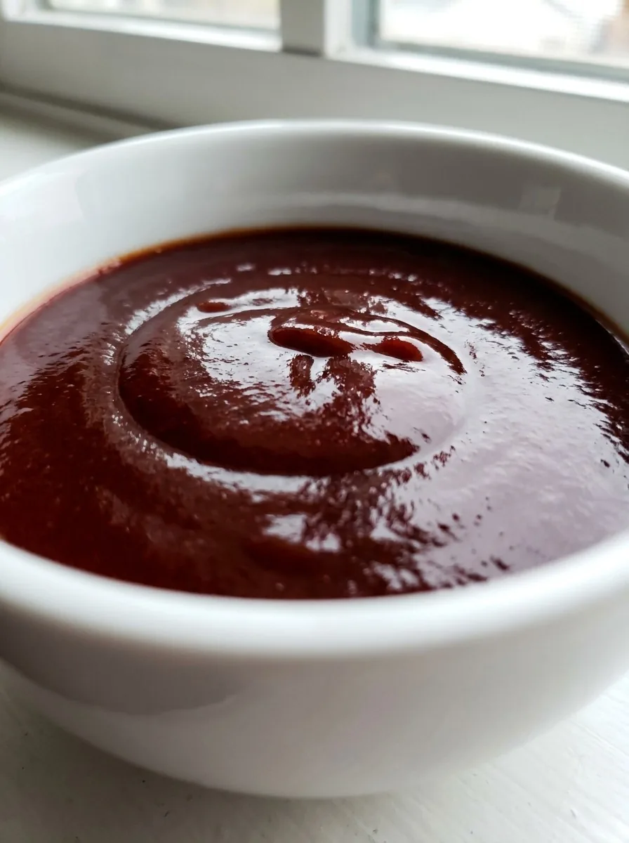 A close‑up shot of the sauce simmering in a saucepan, steam rising, showing the thick, glossy texture