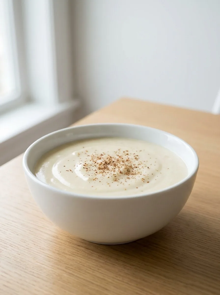 Close‑up of the béchamel sauce being whisked, showing its smooth, velvety surface.