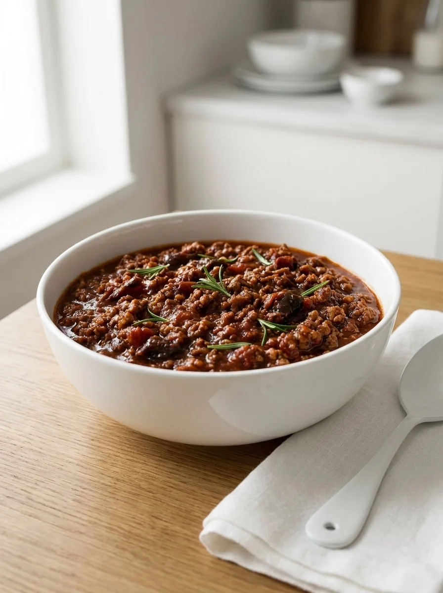 Close‑up of the sauce simmering in a stainless steel pan, showing flecks of browned meat and aromatic herbs.