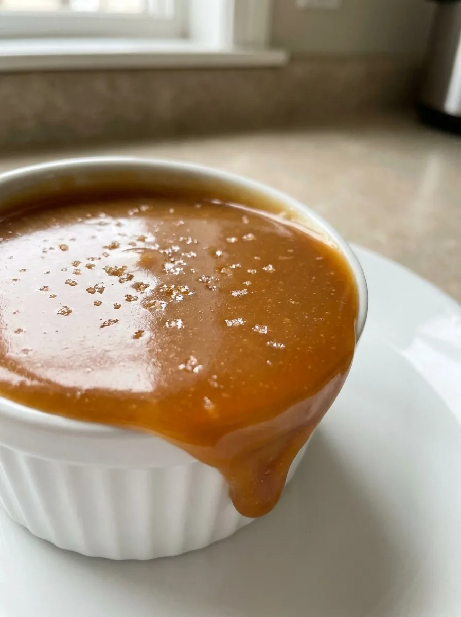 A glossy amber butterscotch sauce poured over a slice of warm cake, steam rising.