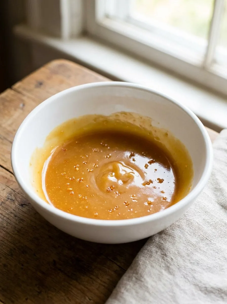 Close-up of the thick, golden butterscotch sauce in a ramekin, showing its smooth texture.