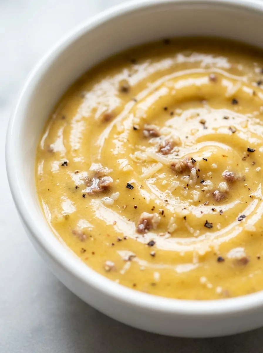 A close-up view of a glass bowl filled with thick, creamy Caesar dressing, garnished with a single crouton and a sprig of fresh parsley.