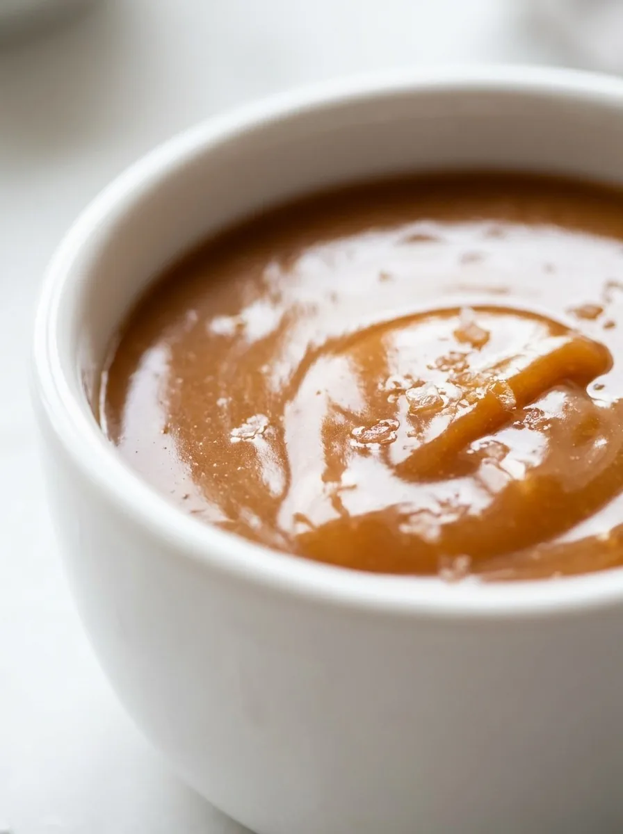 A glossy bottle of homemade salted caramel sauce on a wooden table with a spoon and a drizzle of sauce