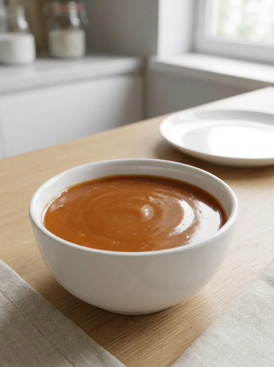 A bowl of warm salted caramel sauce poured over vanilla ice cream with a sprinkle of sea salt