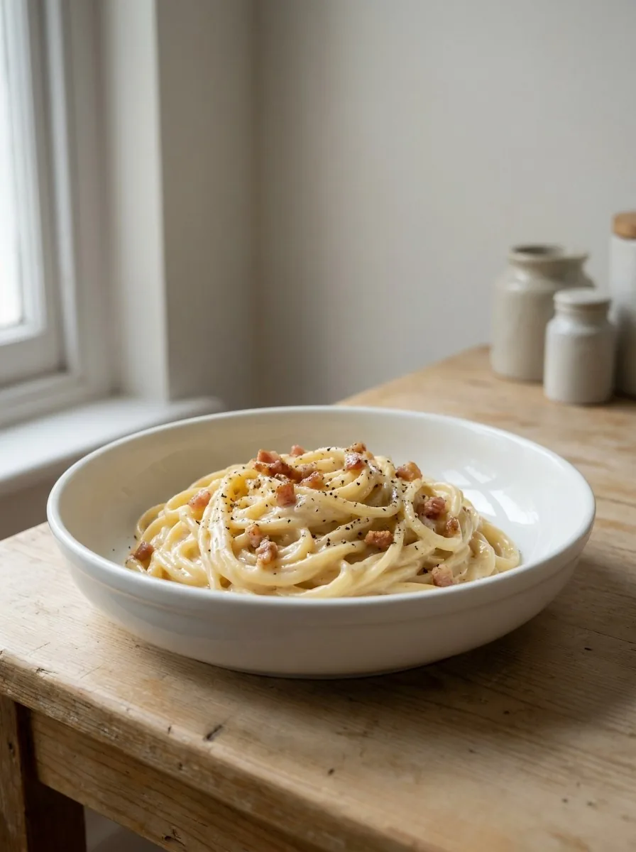 Close‑up of the carbonara sauce coating a forkful of spaghetti, showing the glossy, egg‑based coating dotted with crisp pancetta pieces.