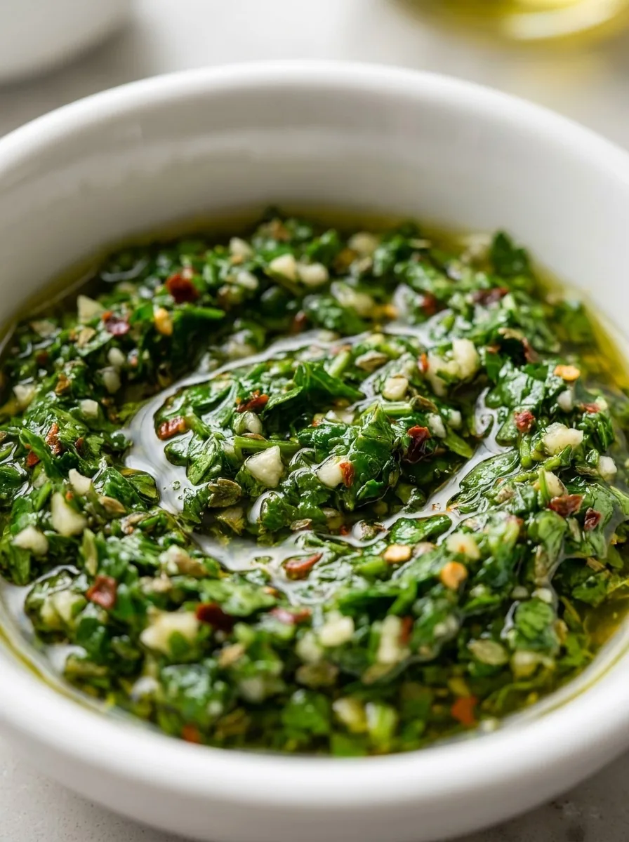 Close‑up of a wooden spoon stirring the chimichurri, showing the specks of red pepper flakes and minced garlic.
