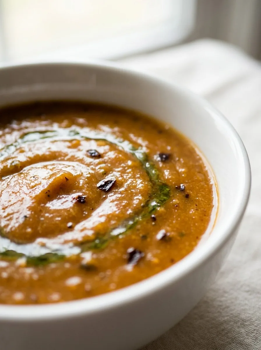 A rustic ceramic bowl filled with vibrant orange-red creamy chipotle sauce, garnished with a single cilantro leaf, sitting on a wooden table next to a lime wedge.