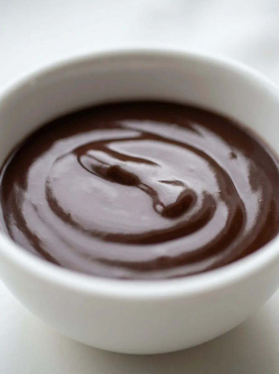 A thick, glossy pool of dark chocolate sauce being poured from a spoon onto a scoop of vanilla ice cream, with steam rising gently.