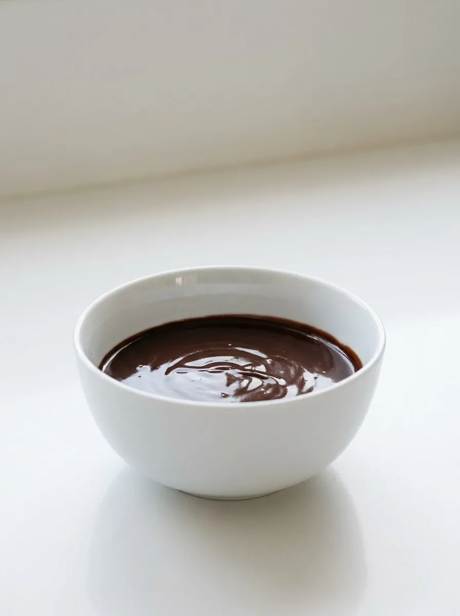 A close-up of a saucepan on the stove showing the chocolate and cream mixture melting and becoming smooth and shiny.