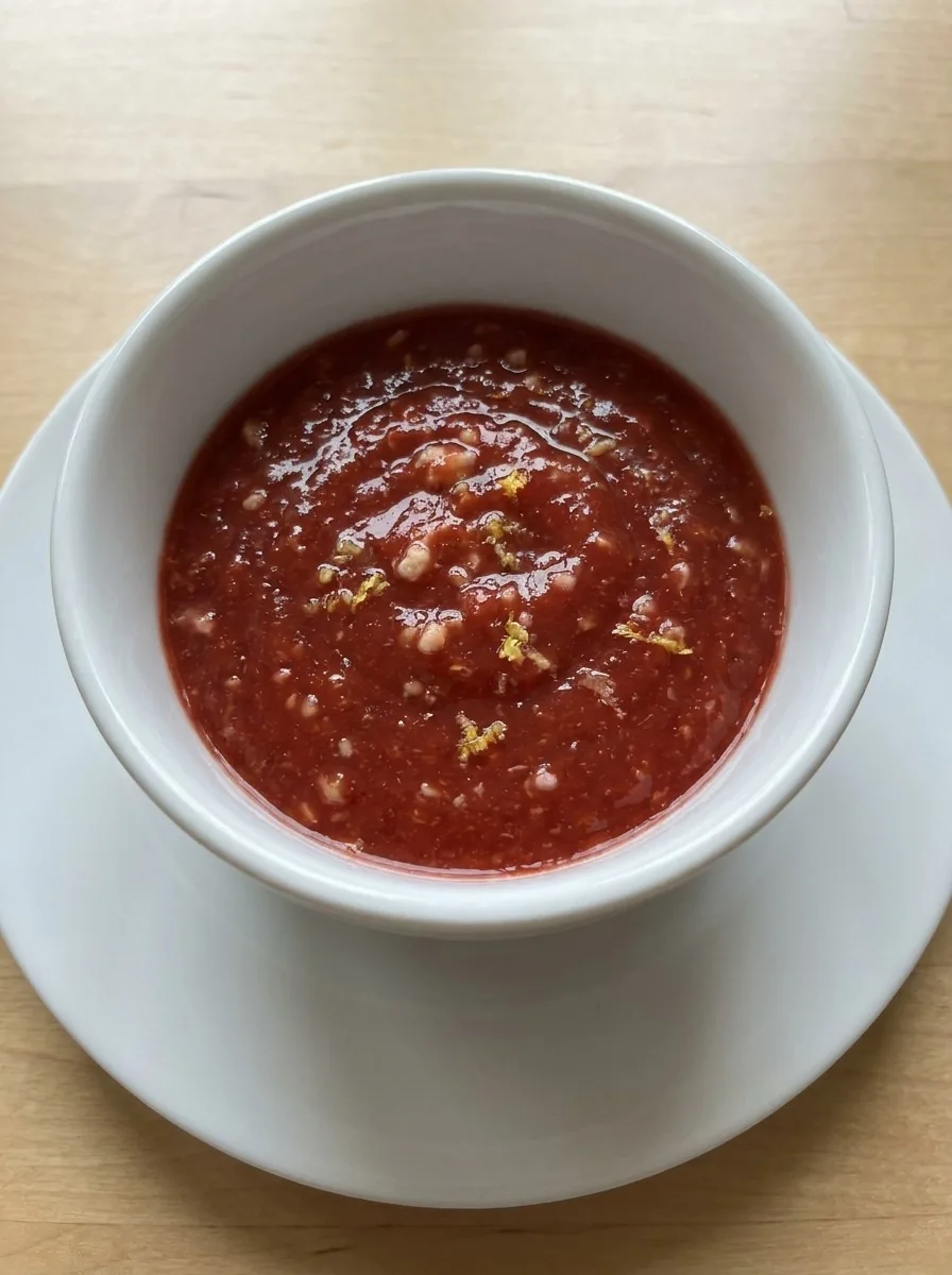 Close‑up of a stainless steel spoon dipping into the vibrant sauce, highlighting its smooth texture and specks of horseradish.