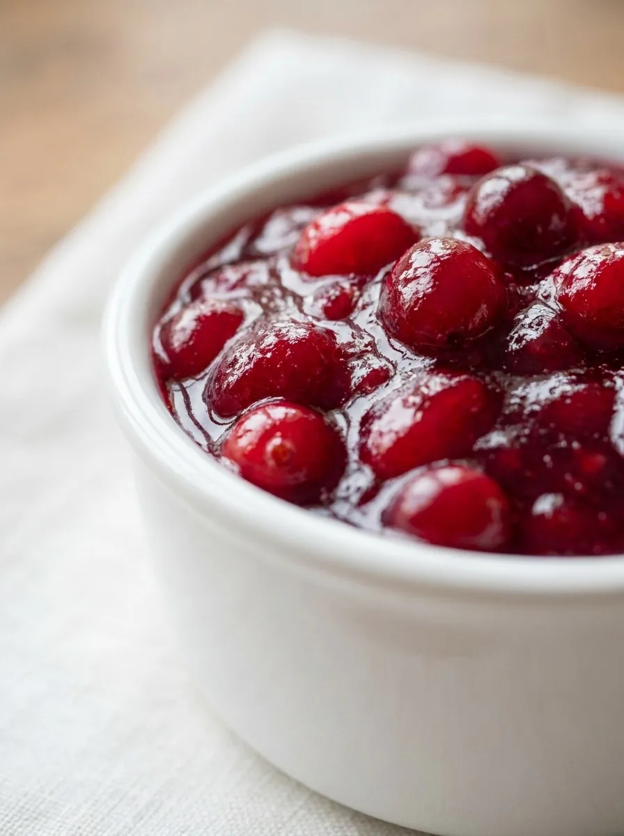 A rustic wooden table with a simmering pot of cranberry sauce and fresh cranberries.