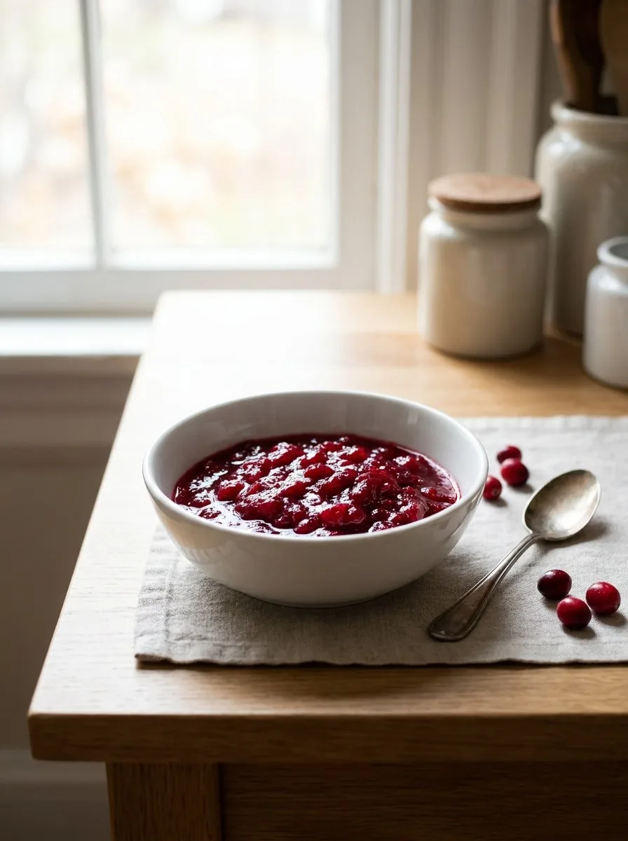 Close‑up of spoonfuls of warm cranberry sauce on a white plate