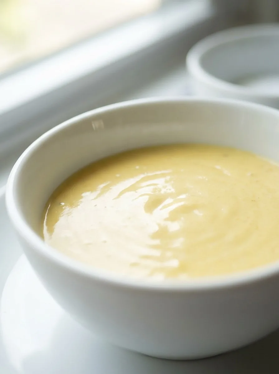 A bowl of creamy white sauce with a swirl of dark Dijon mustard in the center, garnished with chives.