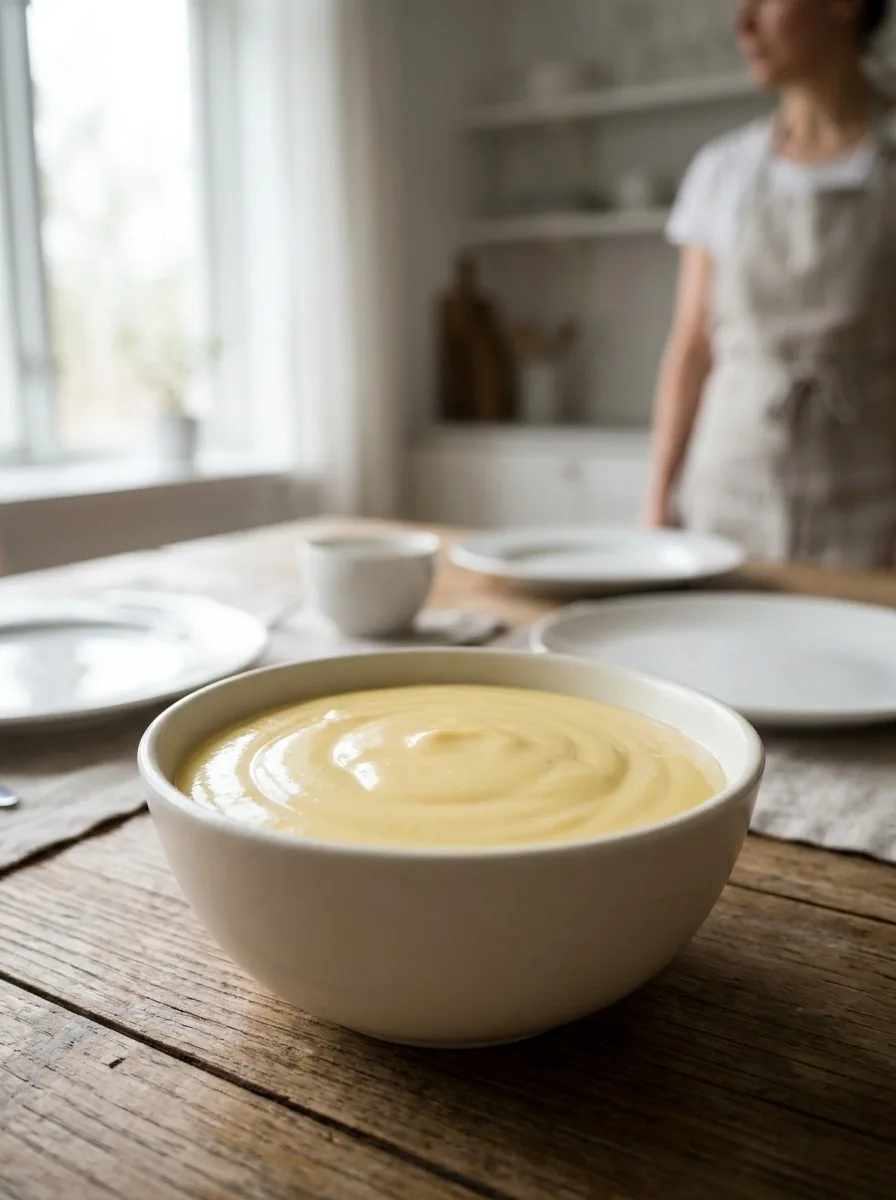 Close up of the sauce being whisked in a saucepan, showing the emulsion forming.