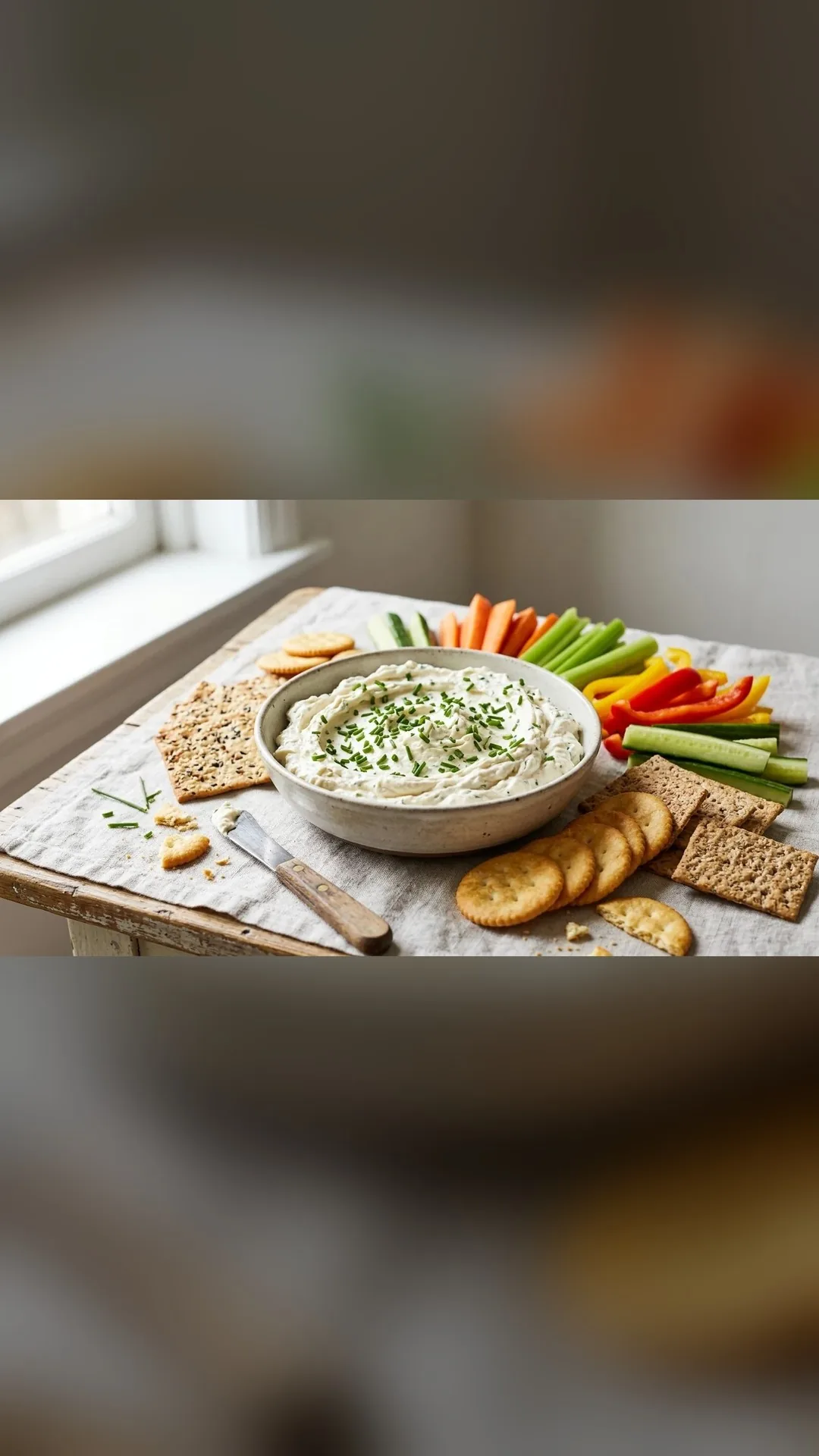 A bowl of creamy white dip topped with chopped chives, surrounded by sliced baguette and colorful vegetable sticks
