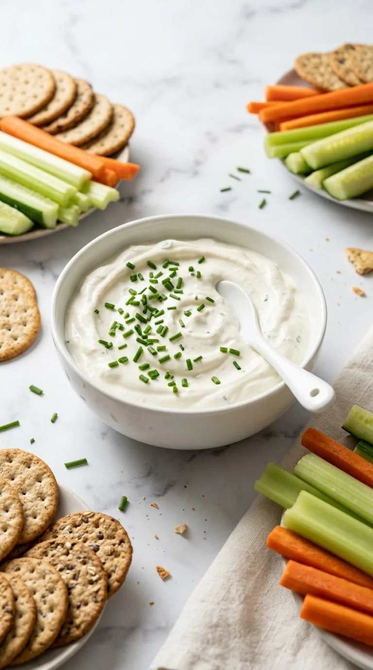 A rustic white bowl filled with creamy sour‑cream dip, garnished with fresh chives and surrounded by tortilla chips on a wooden board