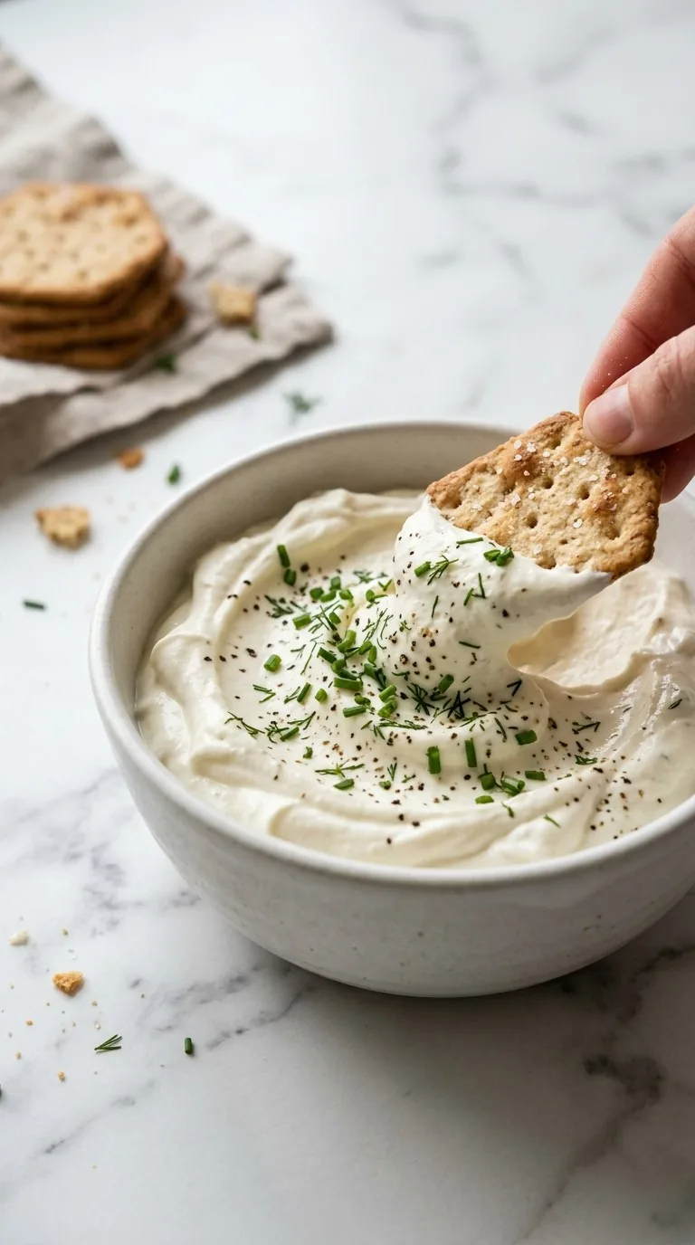 Close‑up of the dip showing specks of paprika and chopped chives on the surface