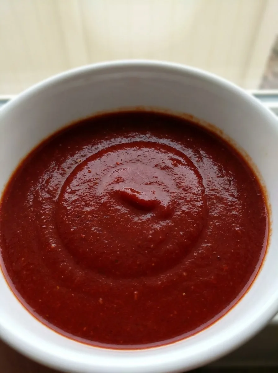 A close‑up of the sauce being poured over a layered enchilada bake, steam rising from the hot dish.