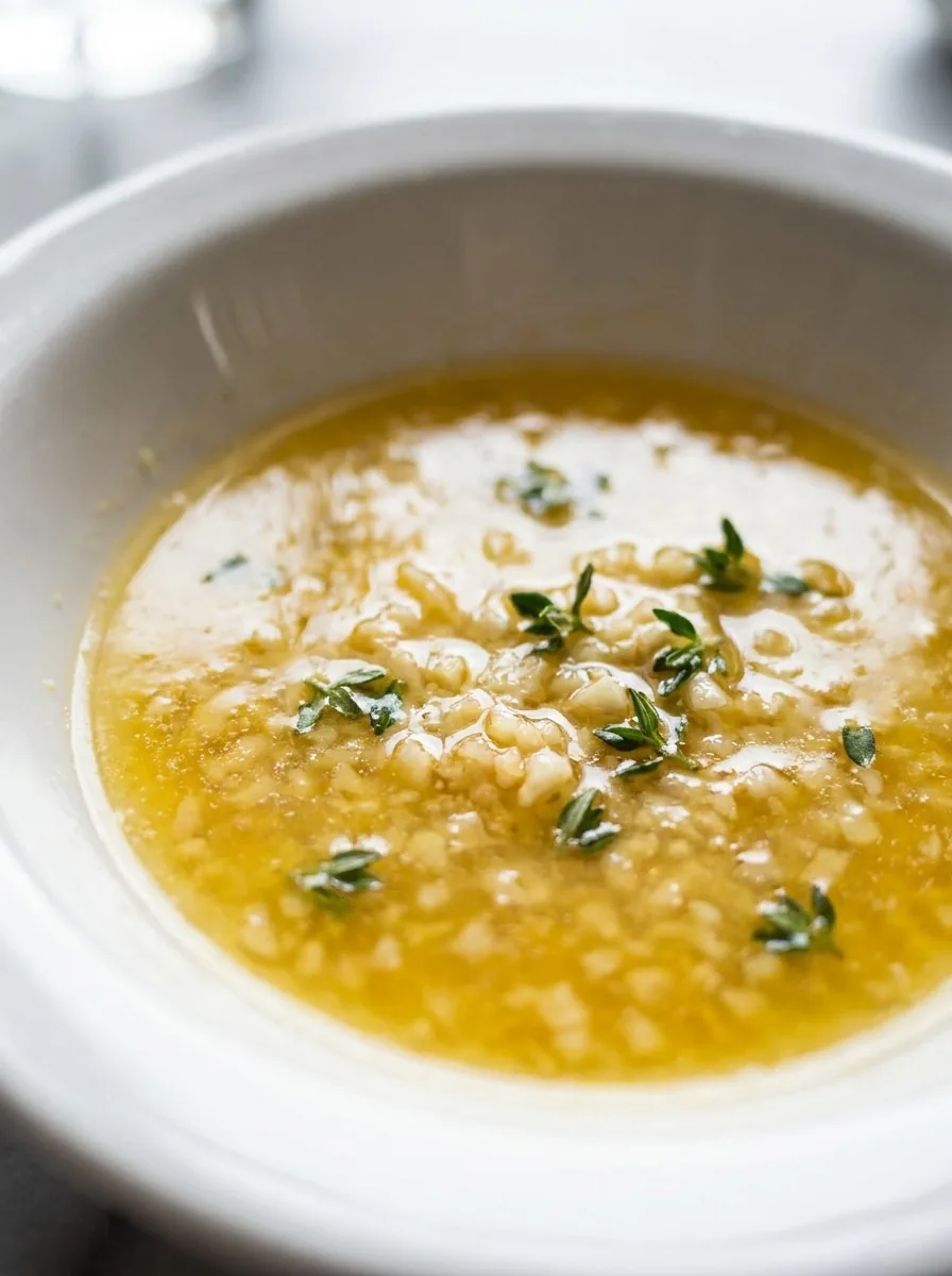 A golden garlic butter sauce simmering in a small saucepan, surrounded by fresh garlic cloves and a sprig of parsley
