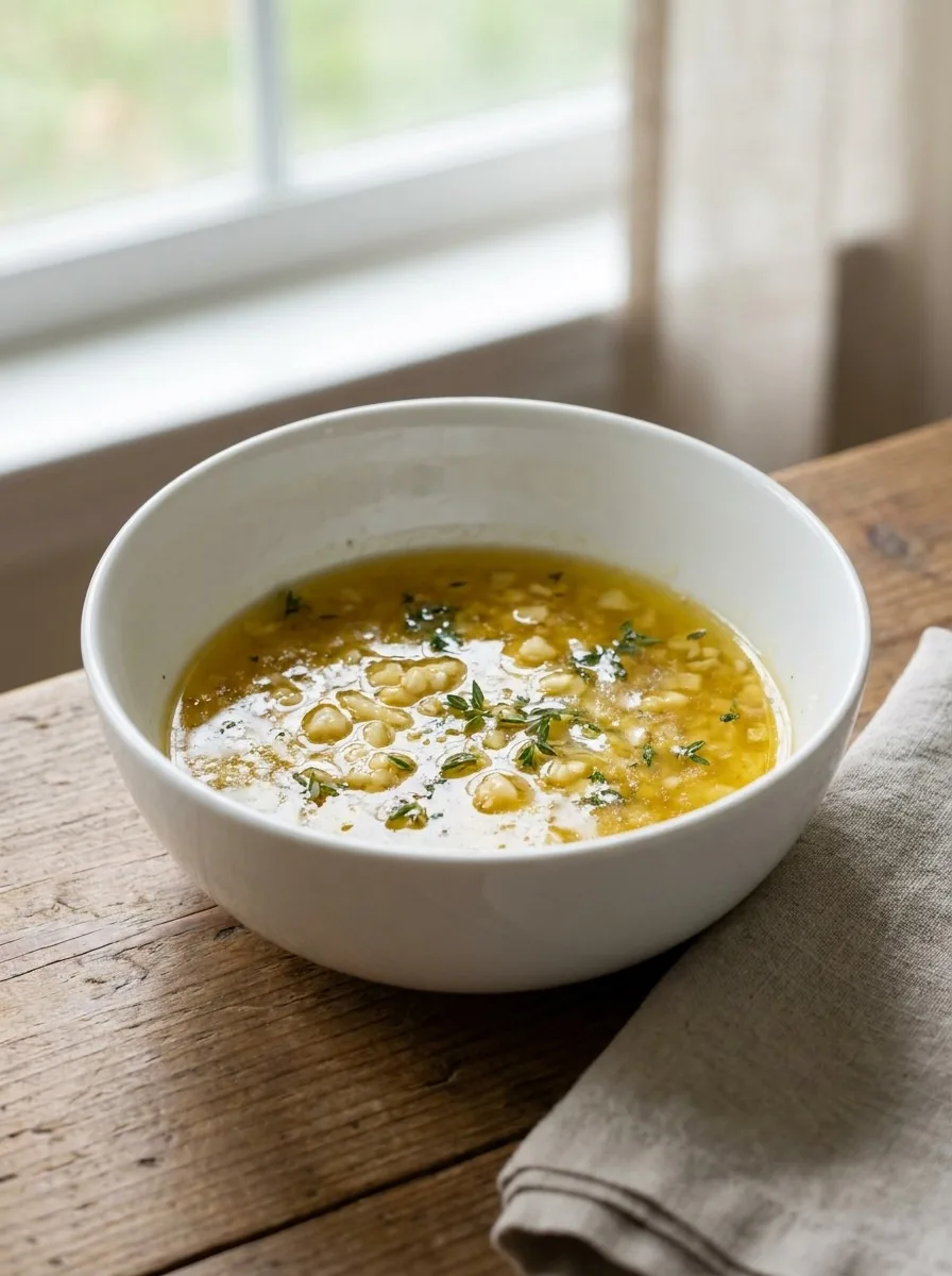 A spoonful of warm garlic butter sauce drizzled over a steaming plate of linguine