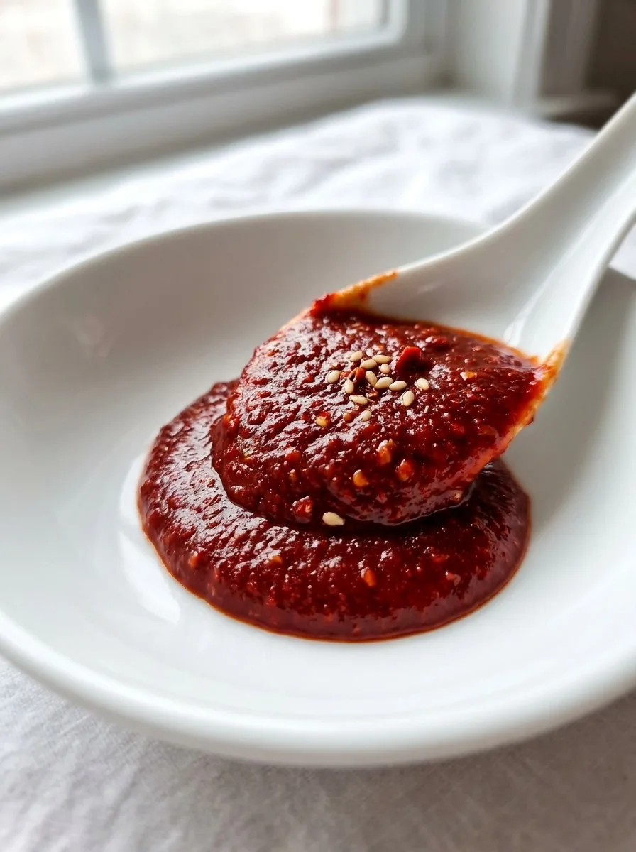 A rustic wooden bowl filled with homemade gochujang sauce, surrounded by fresh sesame seeds and chili flakes.