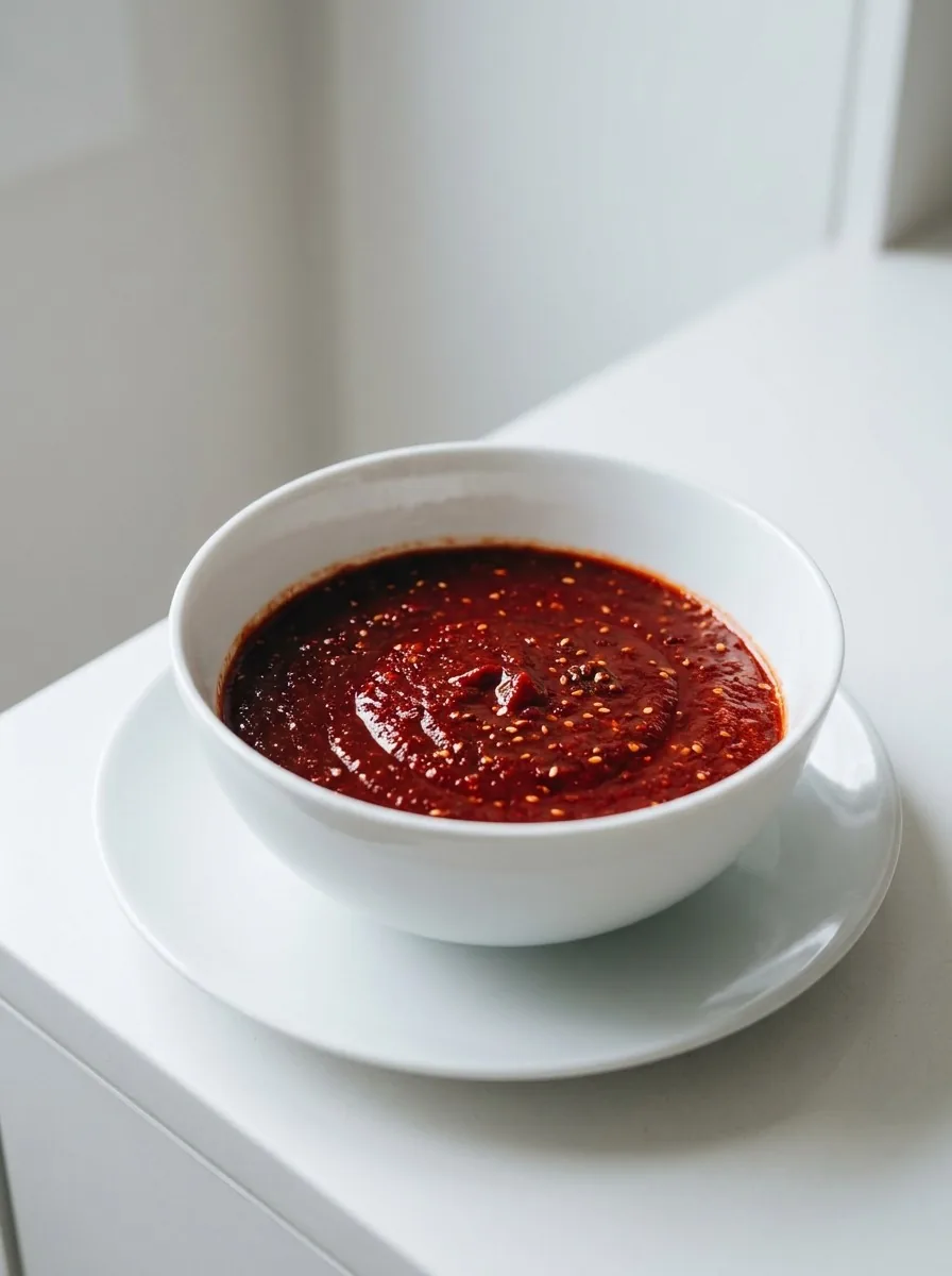 Close‑up of a spoonful of homemade gochujang sauce being stirred into a bowl of Korean rice.