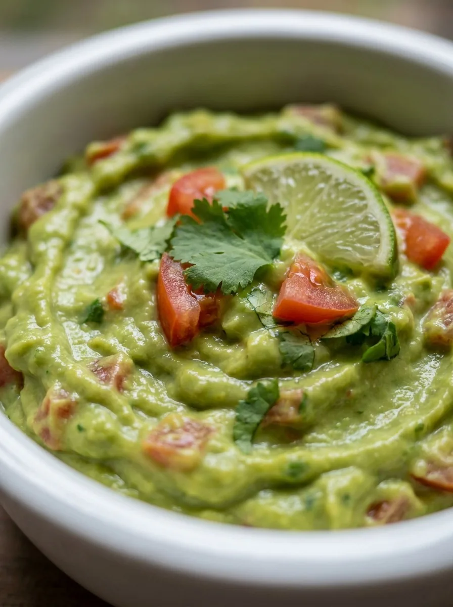 A bowl of vivid green guacamole topped with a drizzle of olive oil and a sprinkle of red pepper flakes, surrounded by sliced lime wedges and tortilla chips.