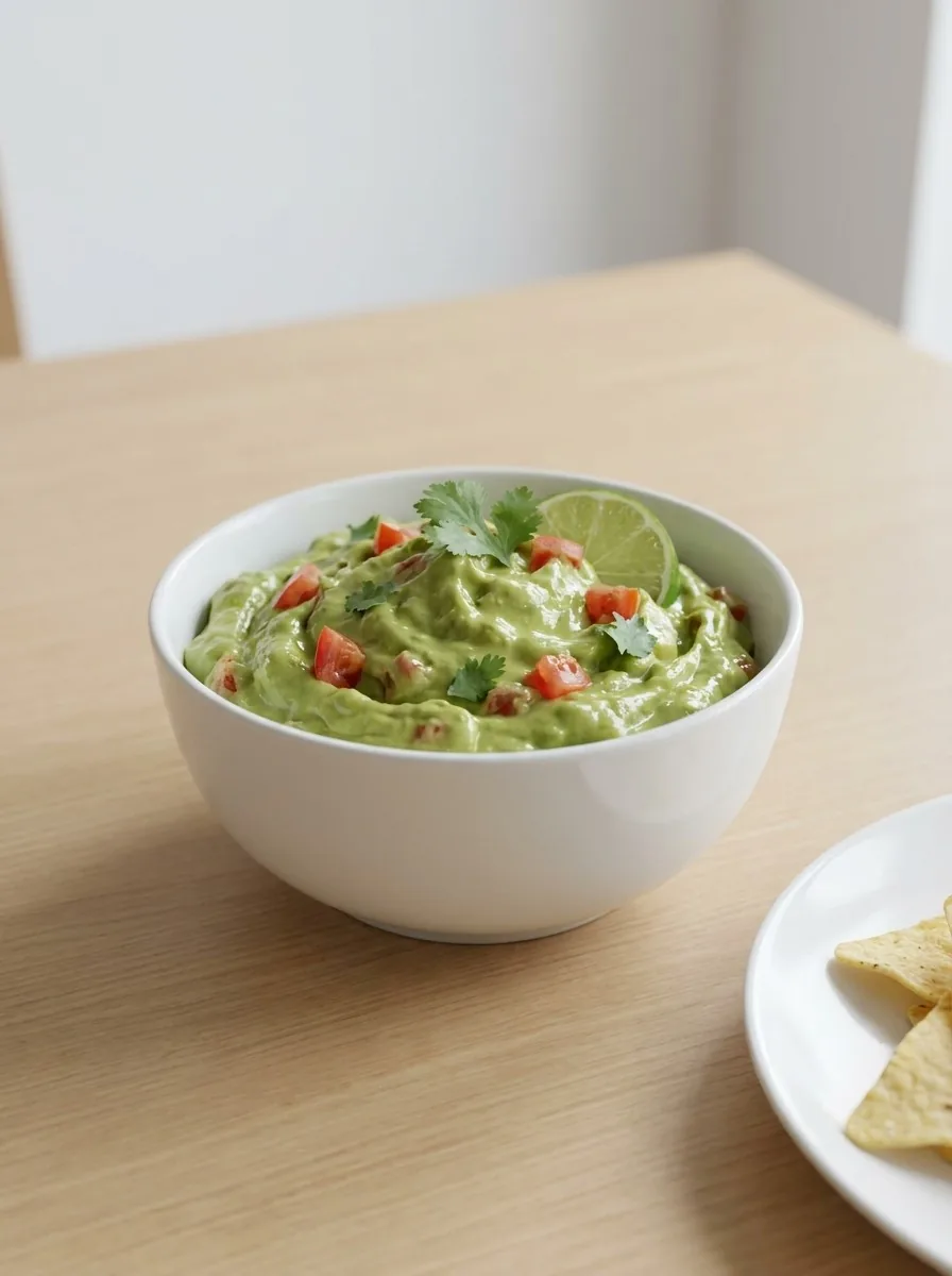 Close‑up of a wooden spoon scooping creamy guacamole onto a plate of golden tortilla chips.