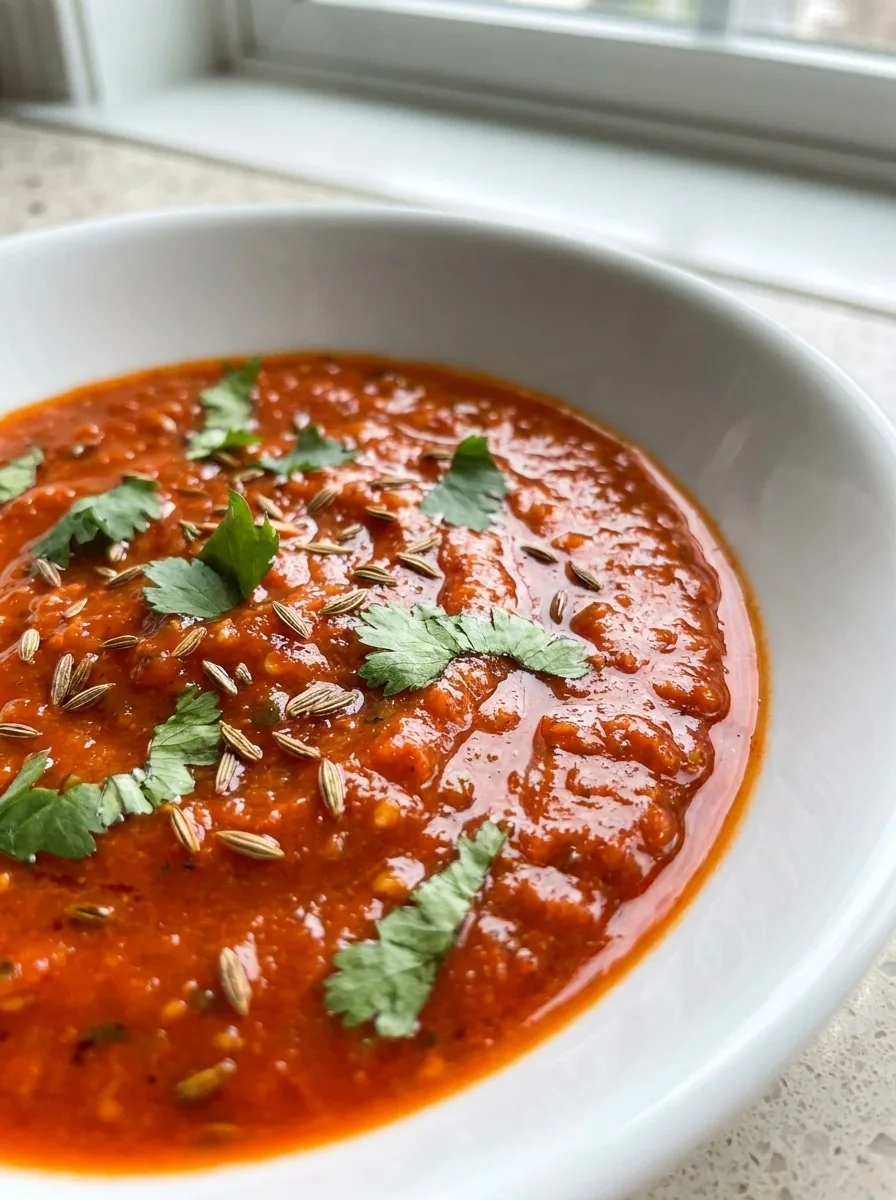 A rustic wooden bowl filled with bright orange harissa, surrounded by fresh cilantro and a drizzle of olive oil.