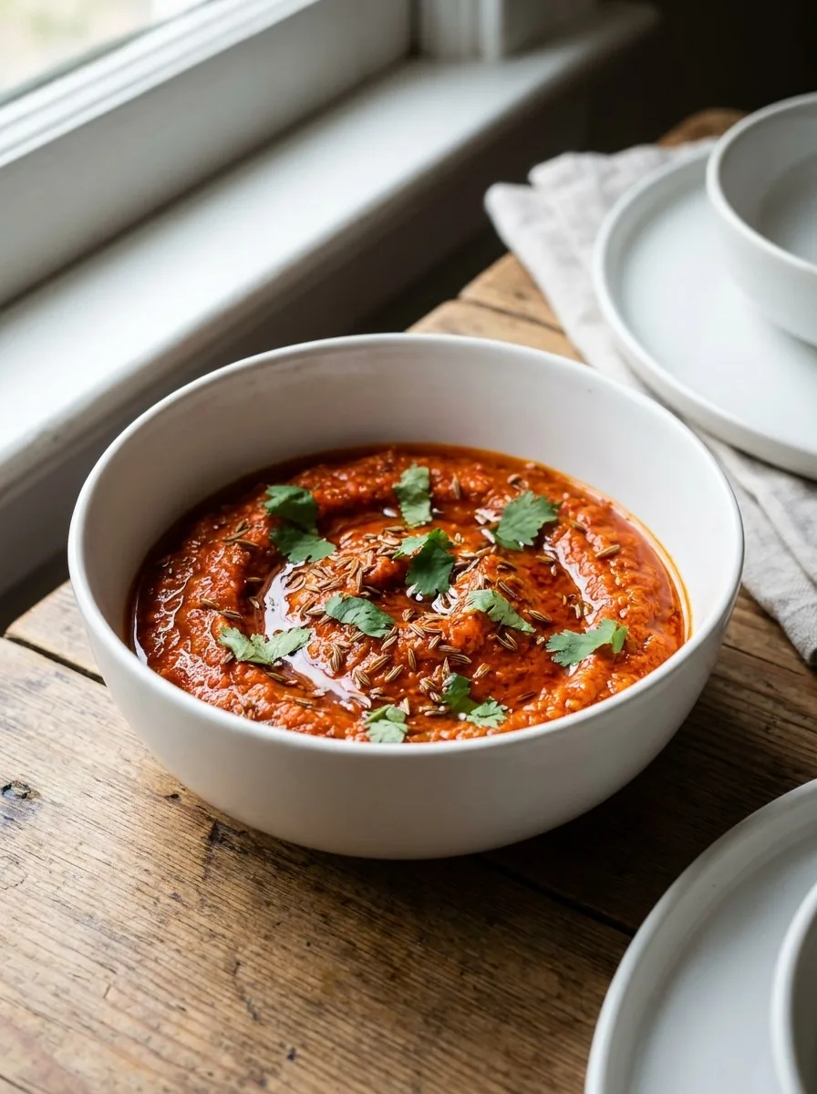A spoonful of harissa on a ceramic plate, garnished with toasted cumin seeds and a sprig of fresh parsley.