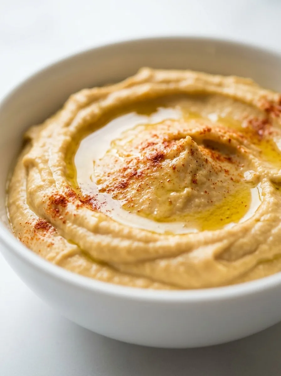 A bowl of thick, smooth hummus topped with a swirl of olive oil, chopped parsley, and a few whole chickpeas.