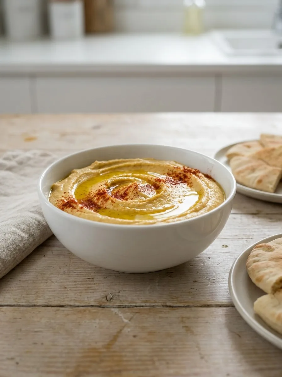 A close-up of a wooden spoon lifting a thick dollop of creamy hummus from a ceramic bowl.