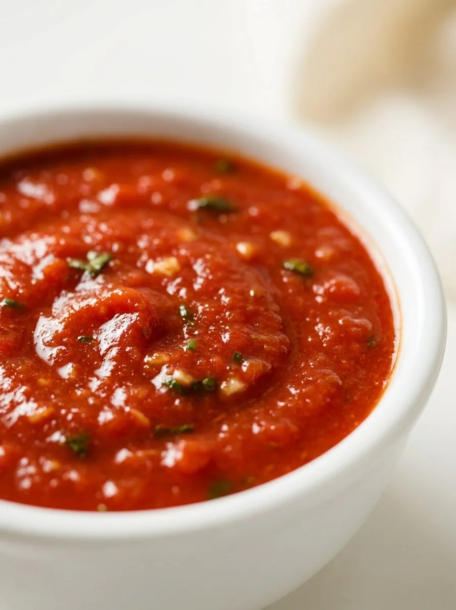 Close‑up of a stainless‑steel saucepan on the stove, steam rising from a simmering marinara sauce speckled with minced garlic and fresh herbs.