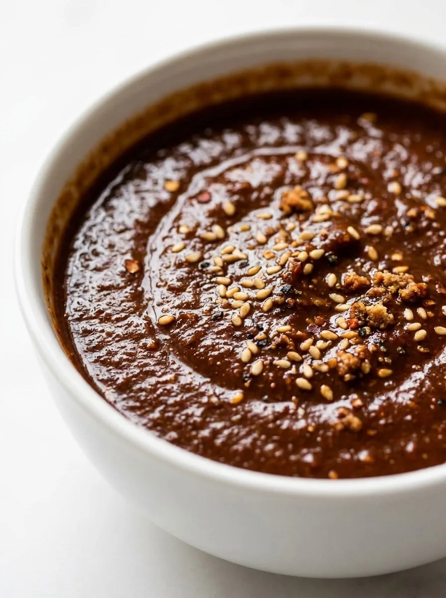 A small bowl of glossy, dark brown mole sauce garnished with a sprinkle of toasted sesame seeds on a rustic wooden table.