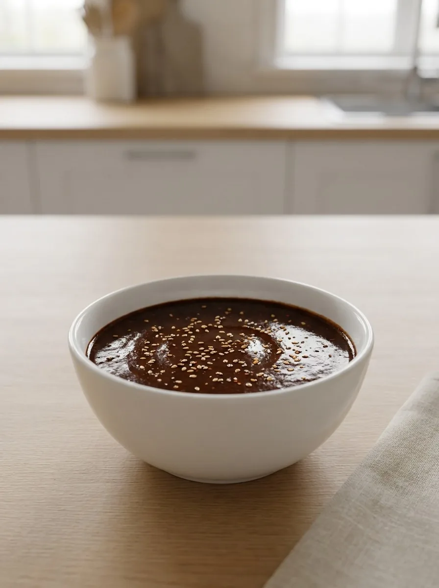 A close‑up of the mole sauce simmering in a stainless‑steel saucepan, steam rising and specks of cumin visible.