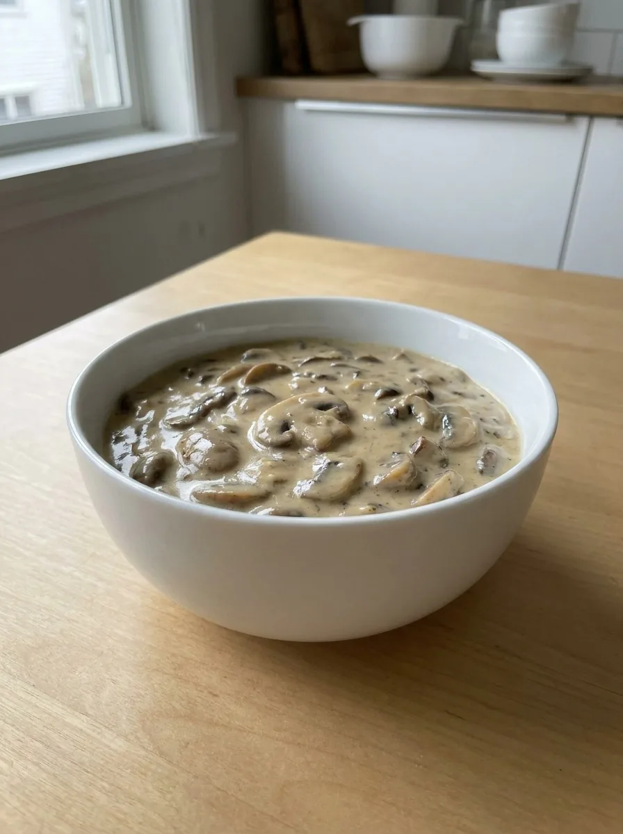 A steaming bowl of creamy mushroom sauce in a porcelain bowl