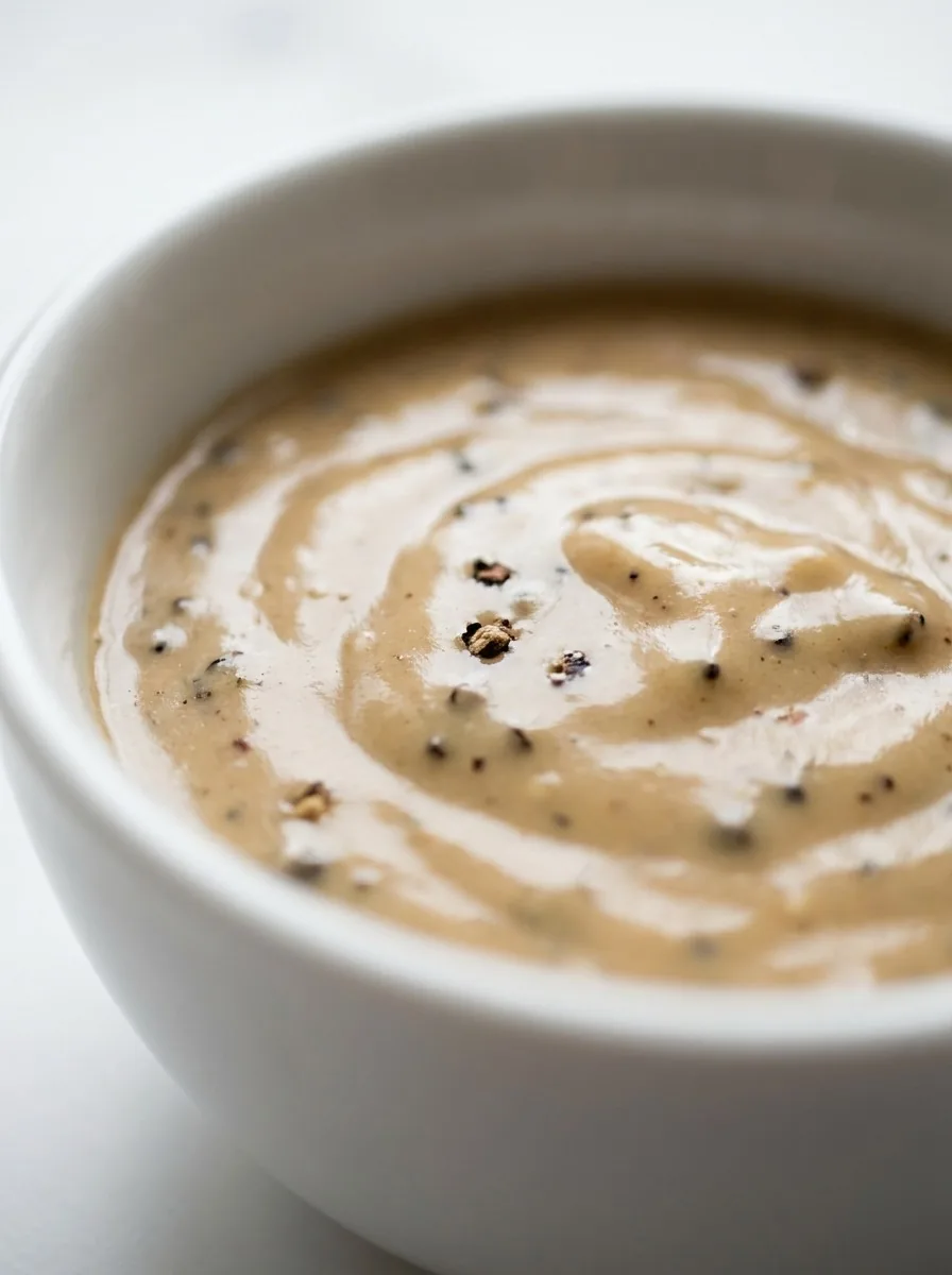A close-up of creamy peppercorn sauce being poured over a plate of sliced steak, showing visible black peppercorns and a glossy texture.