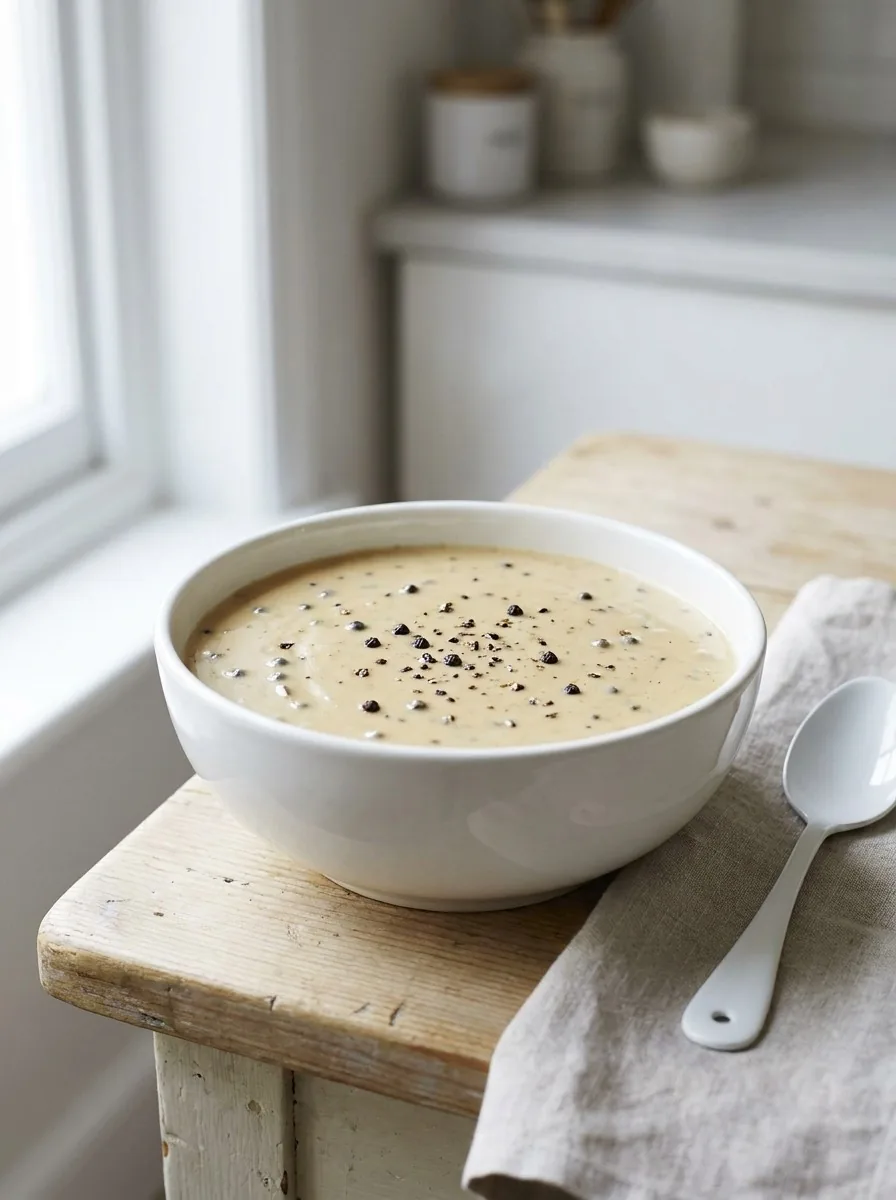 A stainless steel saucepan on a stove with the sauce simmering gently, showing the thickening process.