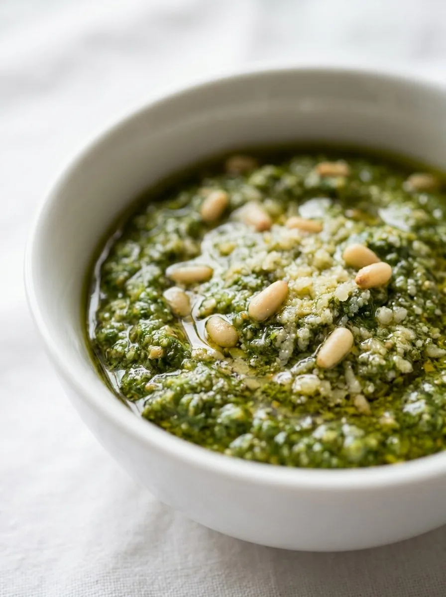 A bowl of vibrant green basil pesto garnished with grated Parmesan and a drizzle of olive oil, set on a rustic wooden board.