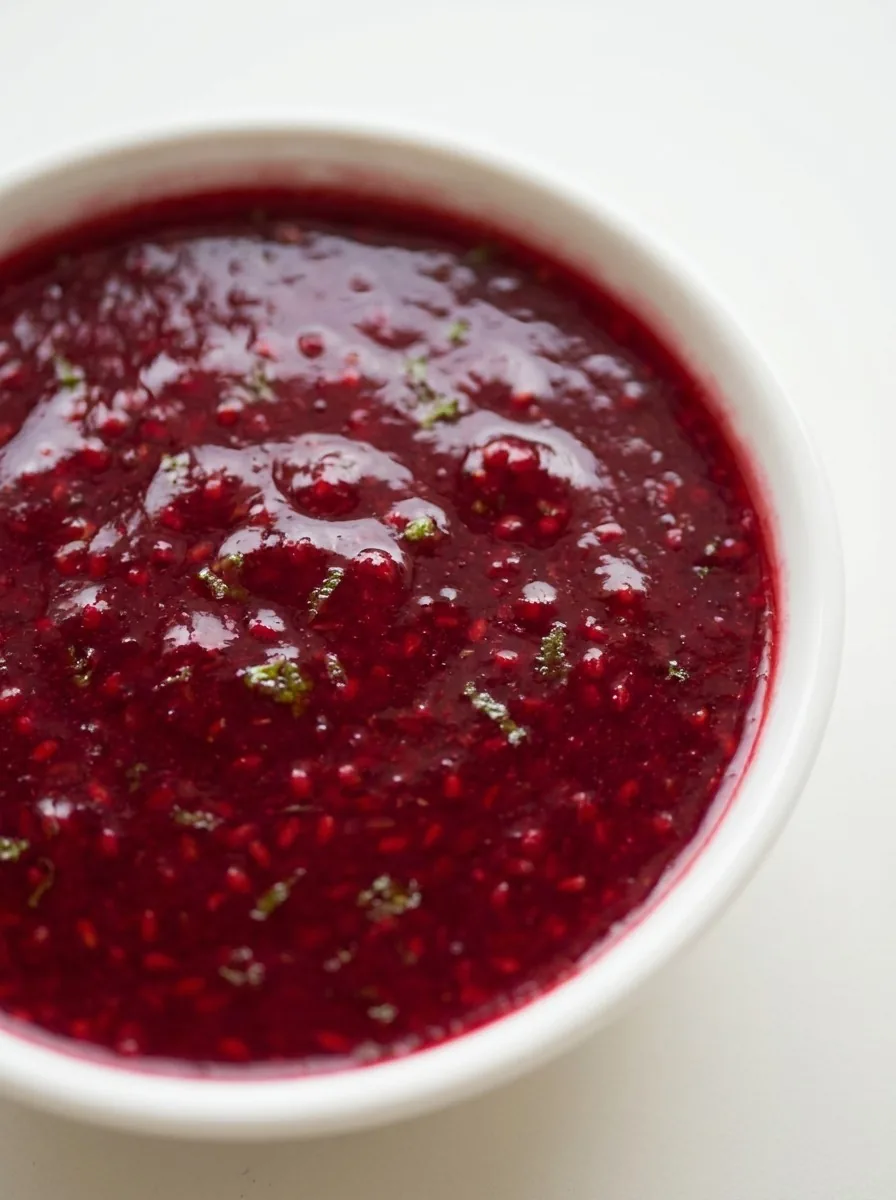 A glossy jar of raspberry coulis in a clear glass container on a wooden table with fresh berries and a spoon