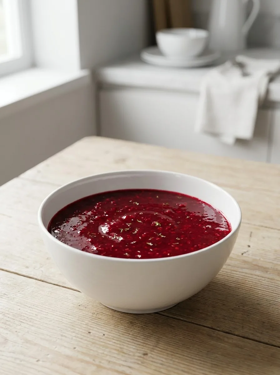 A spoonful of raspberry coulis poured over a stack of warm pancakes, topped with a sprinkle of powdered sugar