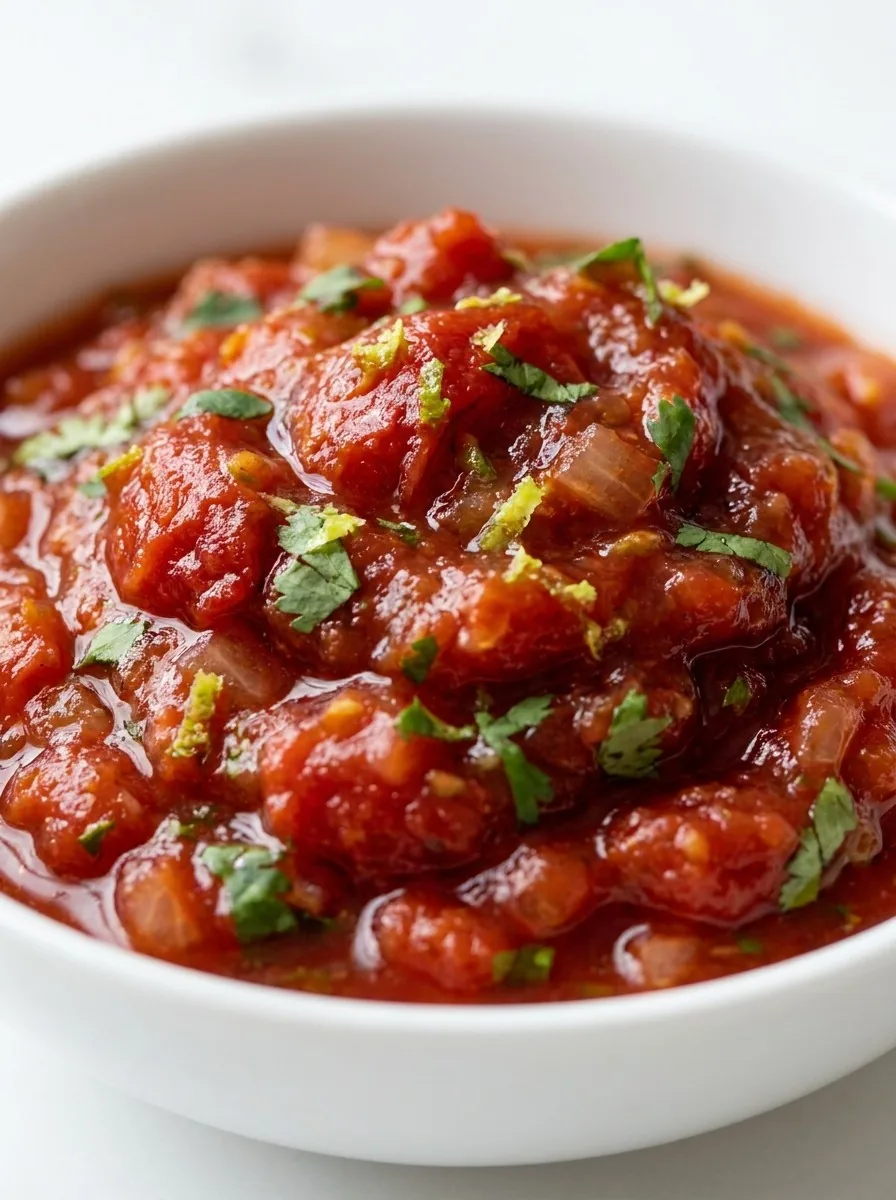 A rustic wooden table with a steaming bowl of fresh salsa roja, surrounded by ripe tomatoes and herbs