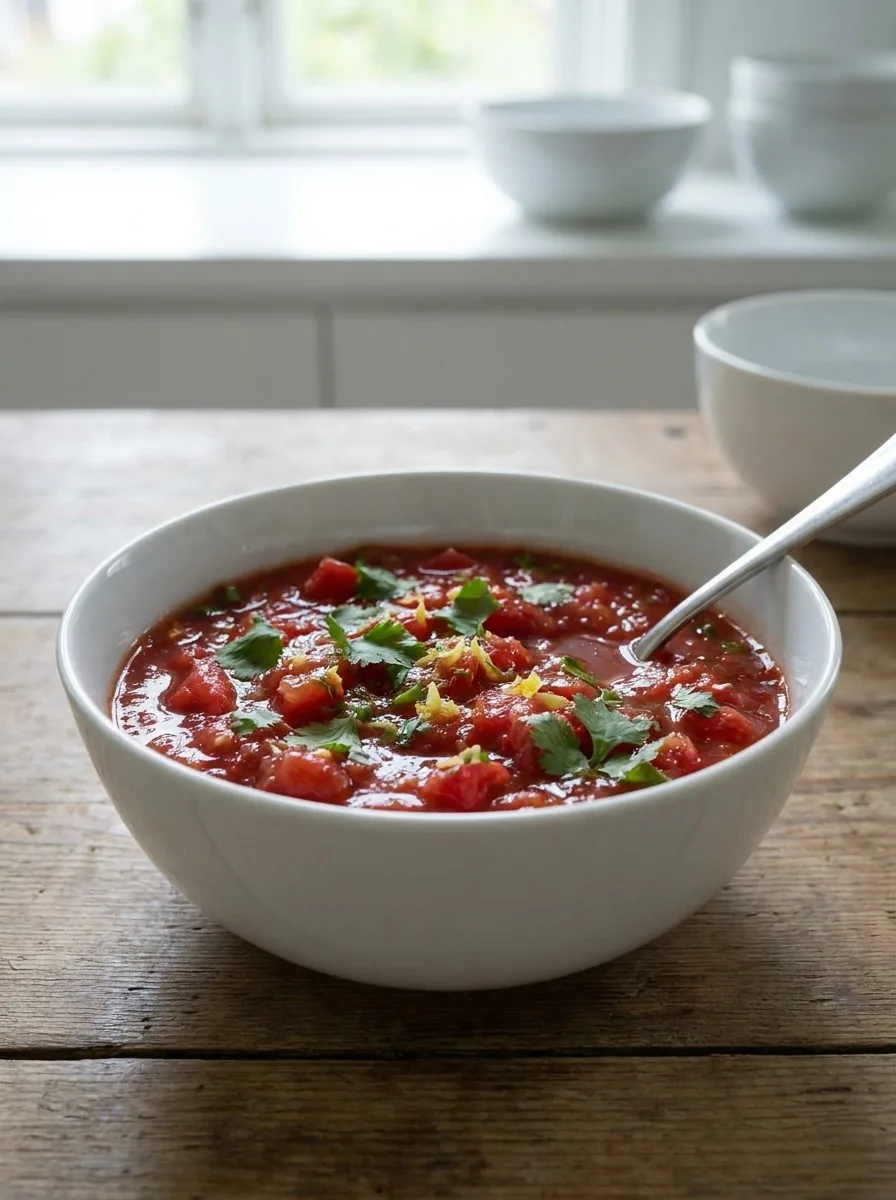 A close-up of the finished salsa roja in a bright ceramic bowl