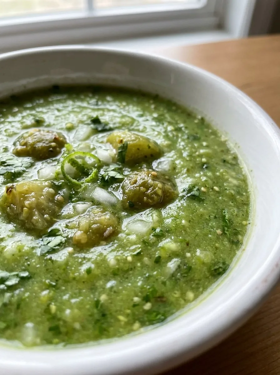 A bowl of vibrant green salsa verde with visible chunks of tomatillo and onion, garnished with a sprig of cilantro.