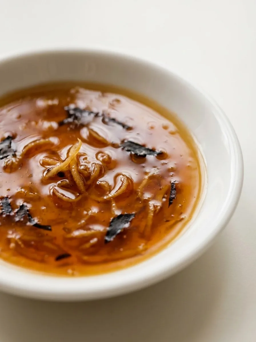 A glossy bowl of soy‑ginger dipping sauce surrounded by fresh spring rolls and a sprinkle of sesame seeds.