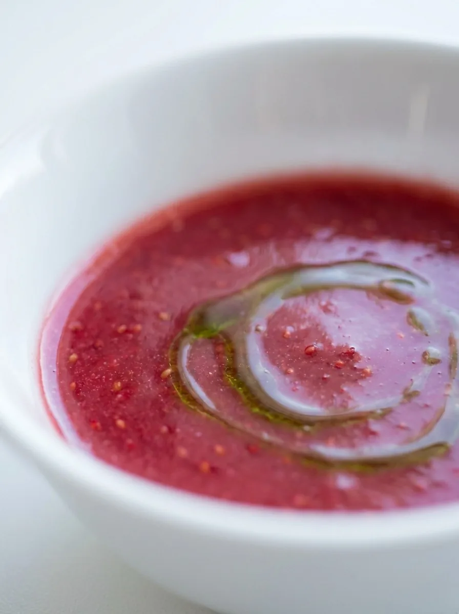A glass bowl filled with vibrant red fresh strawberry sauce, garnished with a single whole strawberry and a sprig of mint, sitting on a white wooden table.