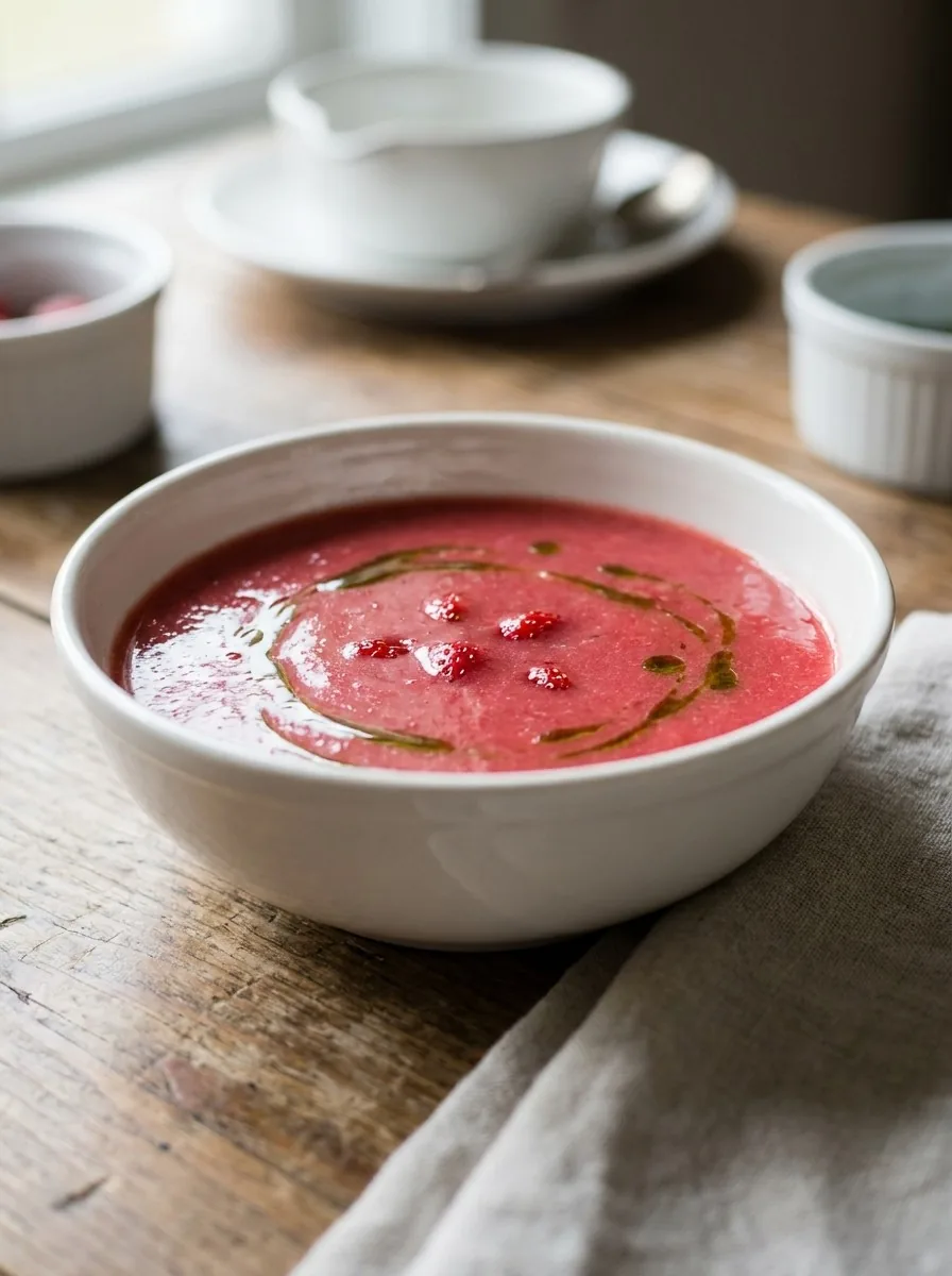 A close-up of a wooden spoon stirring the strawberry mixture in a stainless steel saucepan as it simmers gently, showing the sauce beginning to thicken.