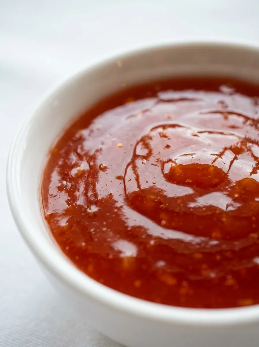 A close-up shot of glossy, amber-colored sweet and sour sauce being poured from a small pitcher onto a plate of crispy fried chicken pieces.
