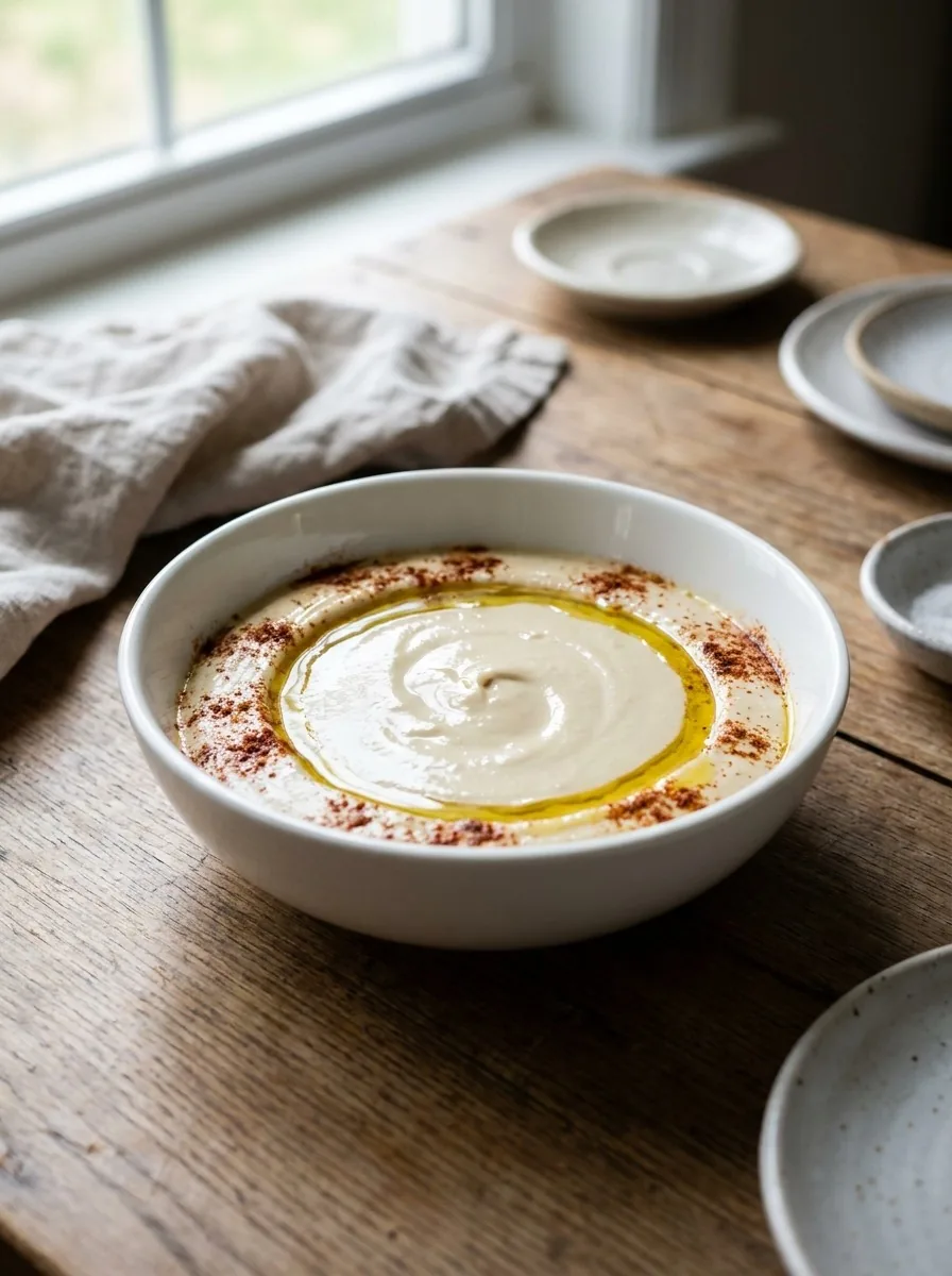 A spoonful of lemon tahini sauce poured over a plate of roasted vegetables, highlighting its creamy texture.